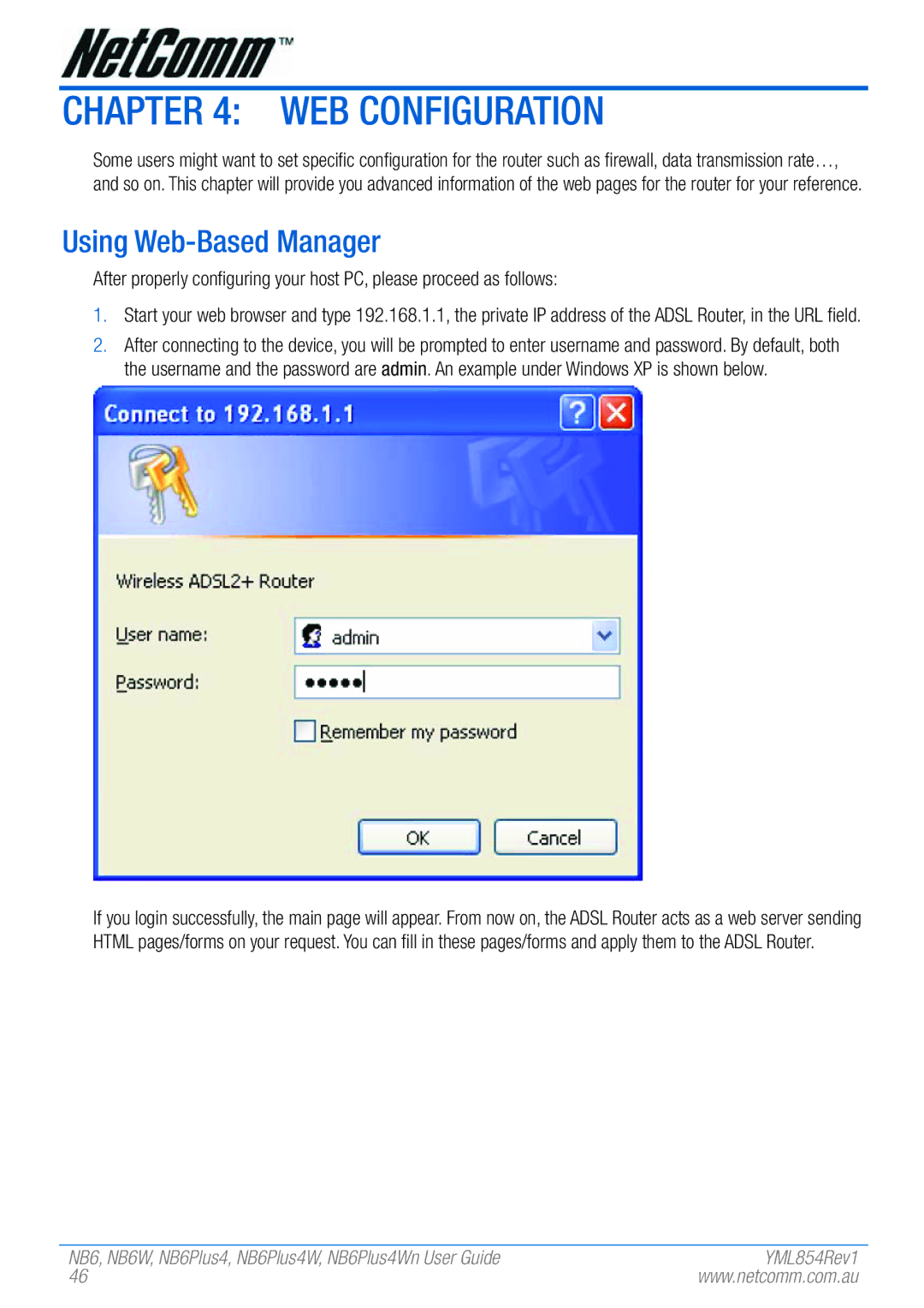 NetComm NB6PLUS4WN, NB6, NB6W, NB6PLUS4, NB6PLUS4W manual Web Configuration, Using Web-Based Manager 