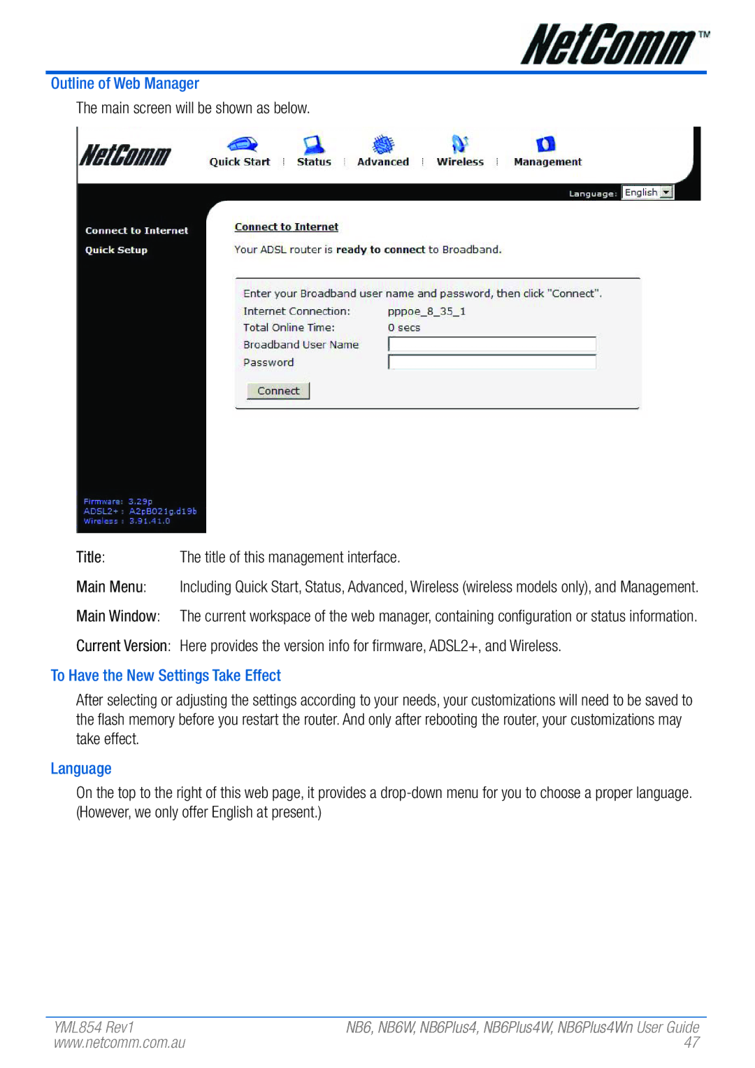 NetComm NB6, NB6W, NB6PLUS4, NB6PLUS4W, NB6PLUS4WN Outline of Web Manager, To Have the New Settings Take Effect, Language 