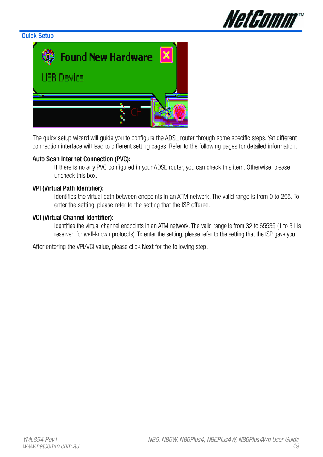 NetComm NB6PLUS4WN, NB6, NB6W, NB6PLUS4, NB6PLUS4W manual Quick Setup, VCI Virtual Channel Identifier 