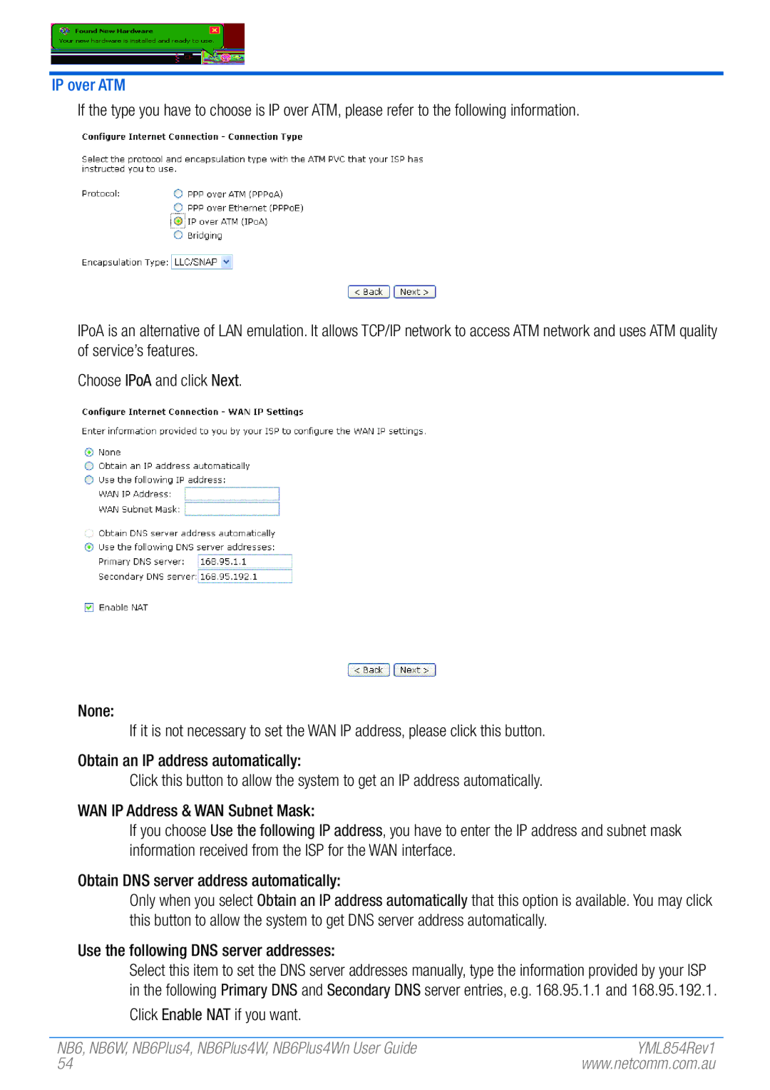 NetComm NB6W, NB6PLUS4WN manual IP over ATM, Obtain DNS server address automatically, Use the following DNS server addresses 