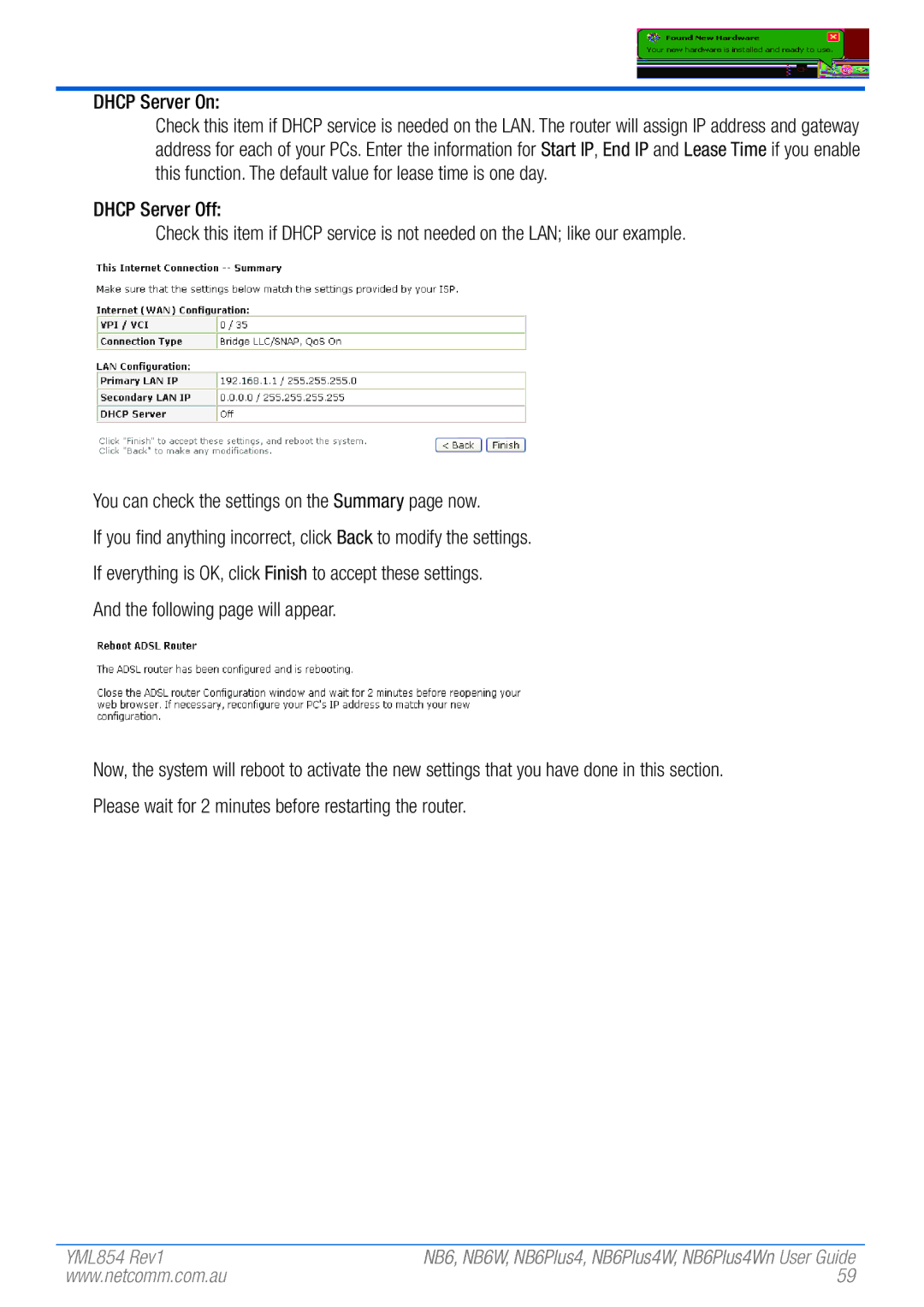 NetComm NB6, NB6W, NB6PLUS4, NB6PLUS4W, NB6PLUS4WN manual Dhcp Server On 