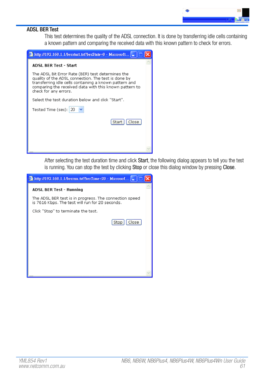 NetComm NB6PLUS4WN, NB6, NB6W, NB6PLUS4, NB6PLUS4W manual Adsl BER Test 