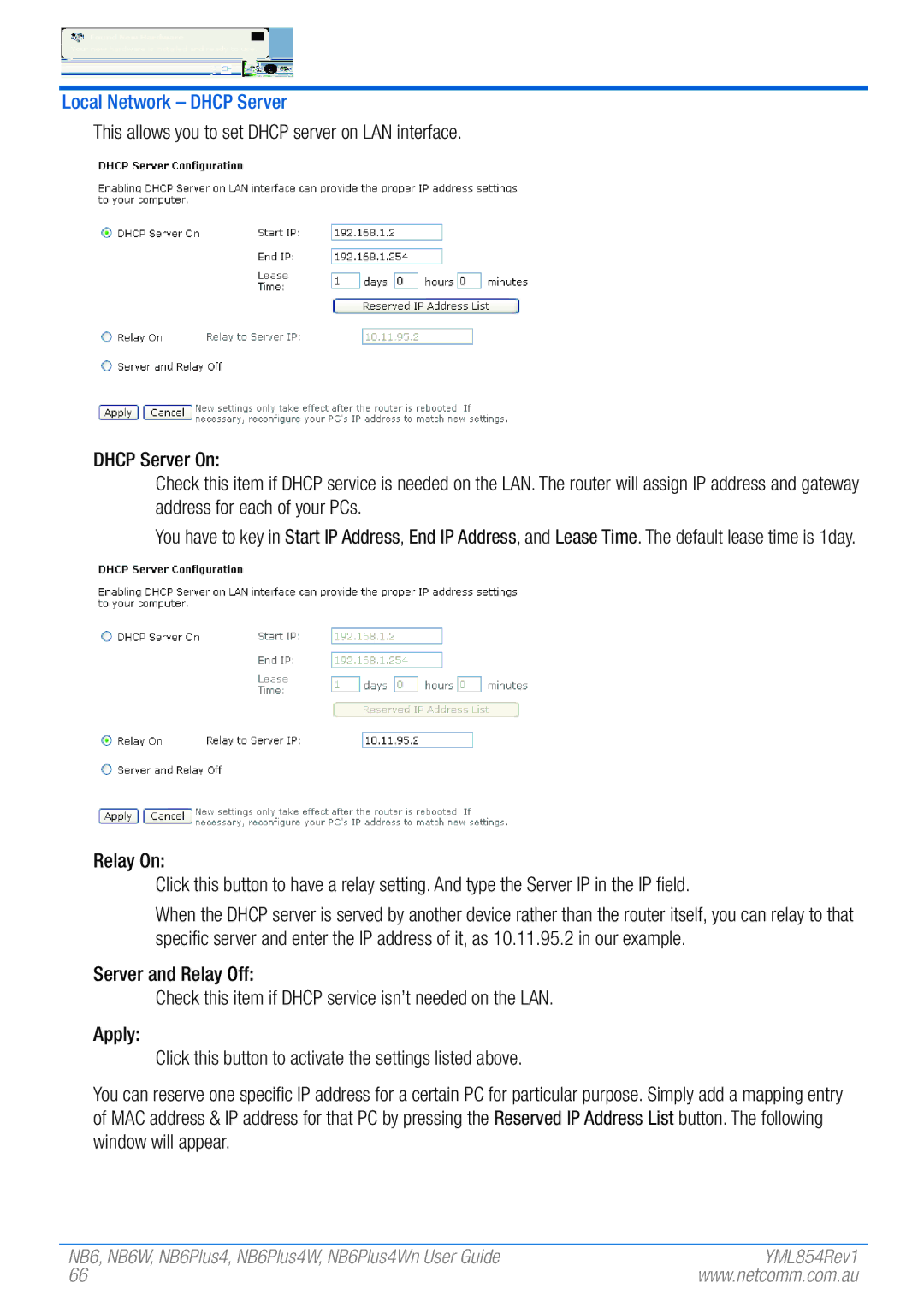 NetComm NB6PLUS4WN, NB6, NB6W, NB6PLUS4, NB6PLUS4W manual Local Network Dhcp Server 