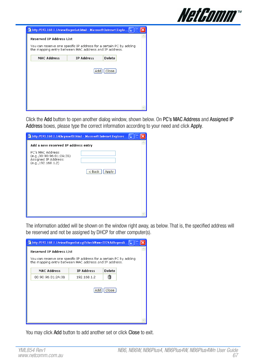 NetComm NB6PLUS4WN, NB6, NB6W, NB6PLUS4, NB6PLUS4W manual YML854 Rev1 