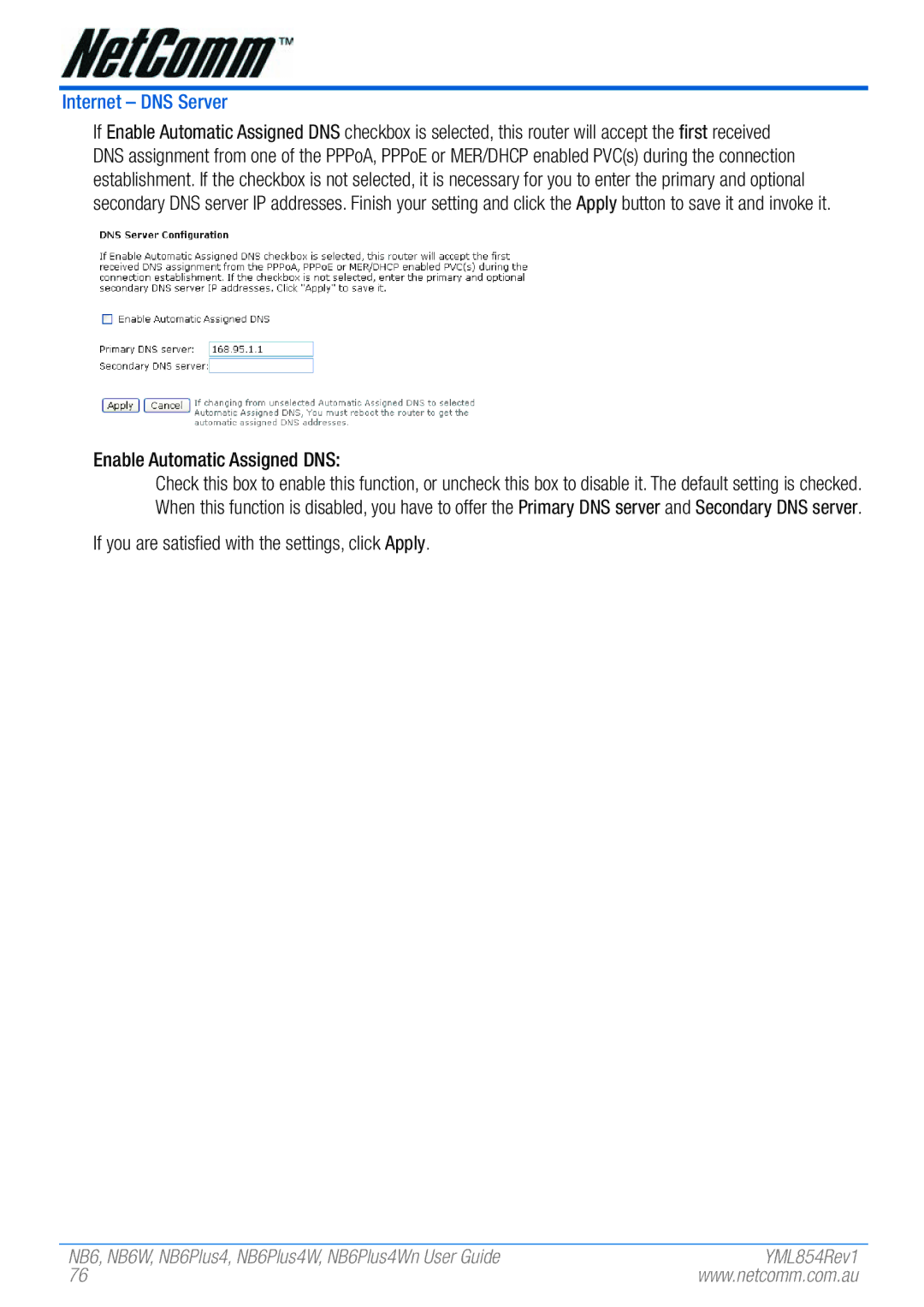 NetComm NB6PLUS4WN Internet DNS Server, Enable Automatic Assigned DNS, If you are satisfied with the settings, click Apply 