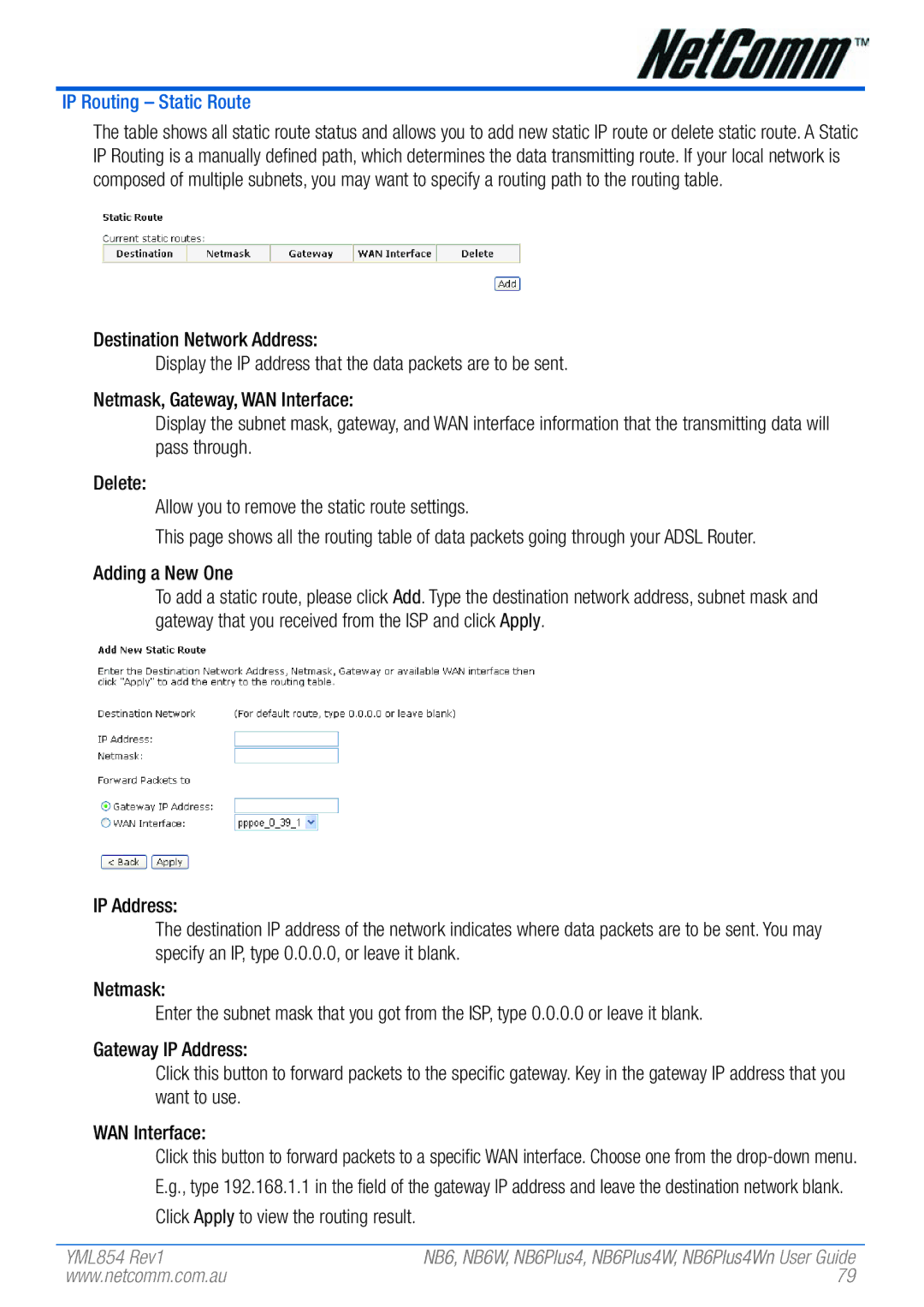 NetComm NB6PLUS4WN, NB6, NB6W, NB6PLUS4, NB6PLUS4W manual IP Routing Static Route, Adding a New One 