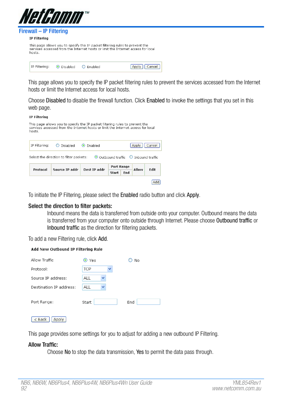 NetComm NB6, NB6W, NB6PLUS4, NB6PLUS4W, NB6PLUS4WN manual Firewall IP Filtering 