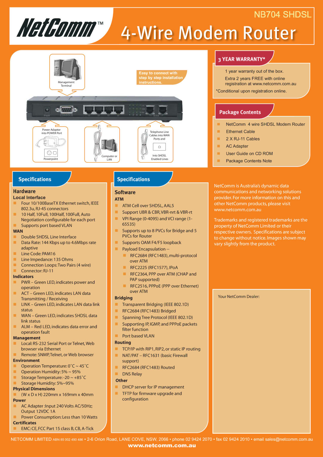 NetComm NB704 manual Package Contents, Specifications 