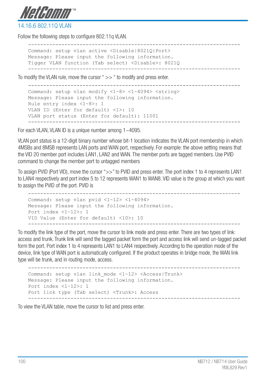 NetComm NB712 manual 14.16.6 802.11Q Vlan, Follow the following steps to conﬁgure 802.11q Vlan 