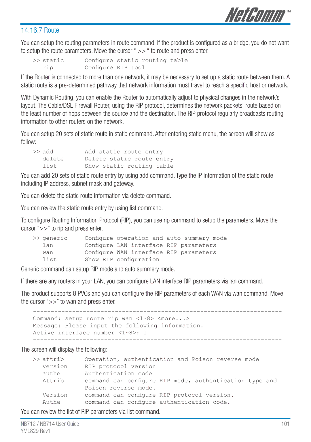 NetComm NB712 manual Route, Generic command can setup RIP mode and auto summery mode, Screen will display the following 