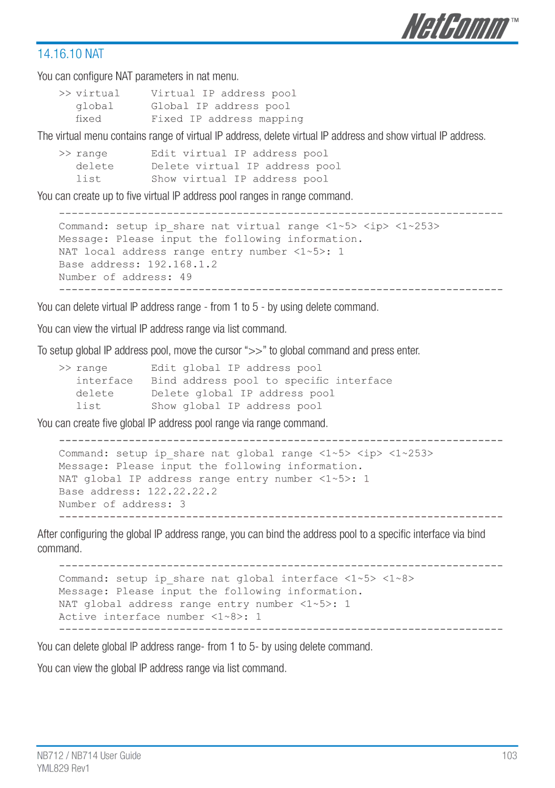 NetComm NB712 manual 14.16.10 NAT, You can conﬁgure NAT parameters in nat menu 