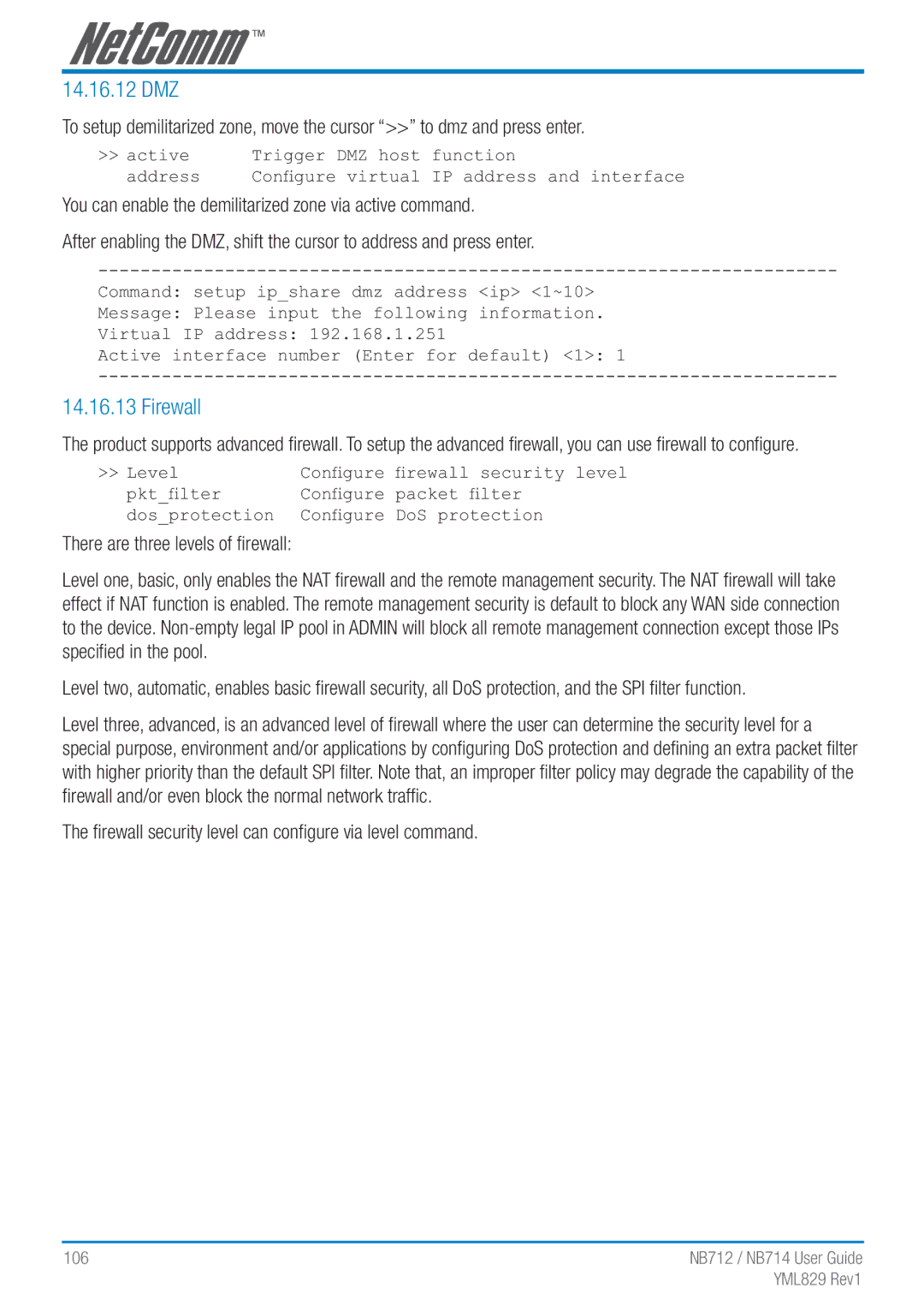 NetComm NB712 manual 14.16.12 DMZ, Firewall, You can enable the demilitarized zone via active command 