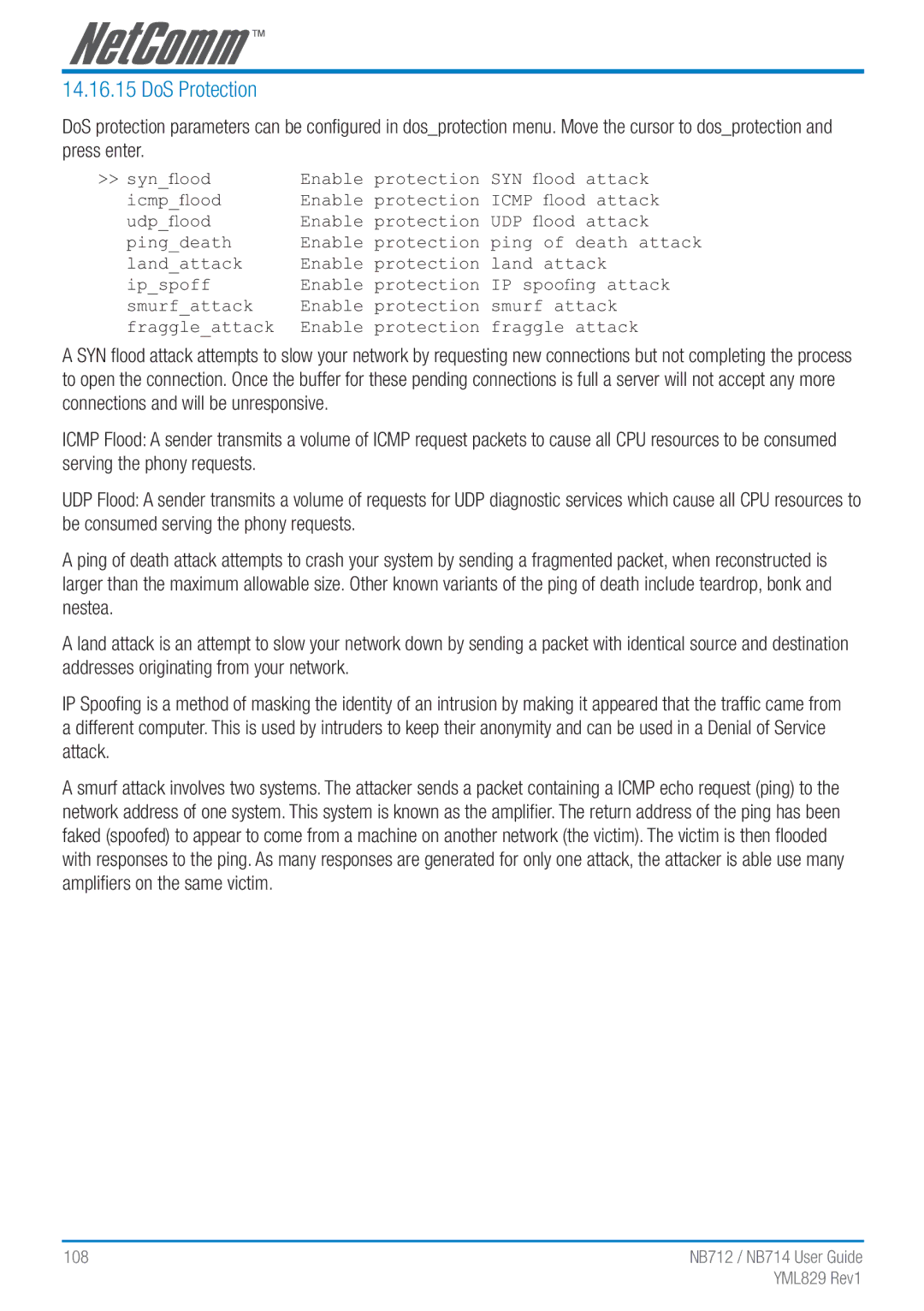 NetComm NB712 manual DoS Protection 