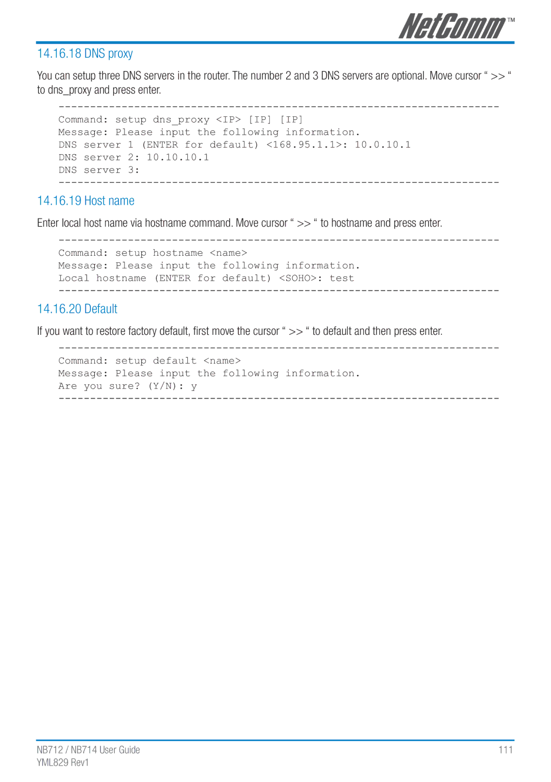 NetComm NB712 manual DNS proxy, Host name, Default 