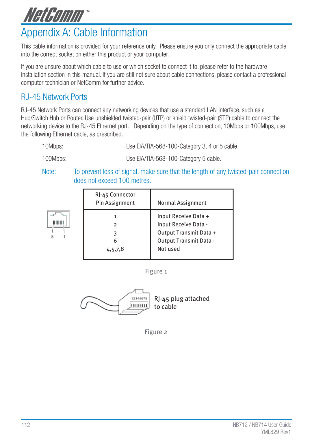 NetComm NB712 manual Appendix a Cable Information, RJ-45 Network Ports, 10Mbps, 100Mbps, RJ-45 plug attached to cable 