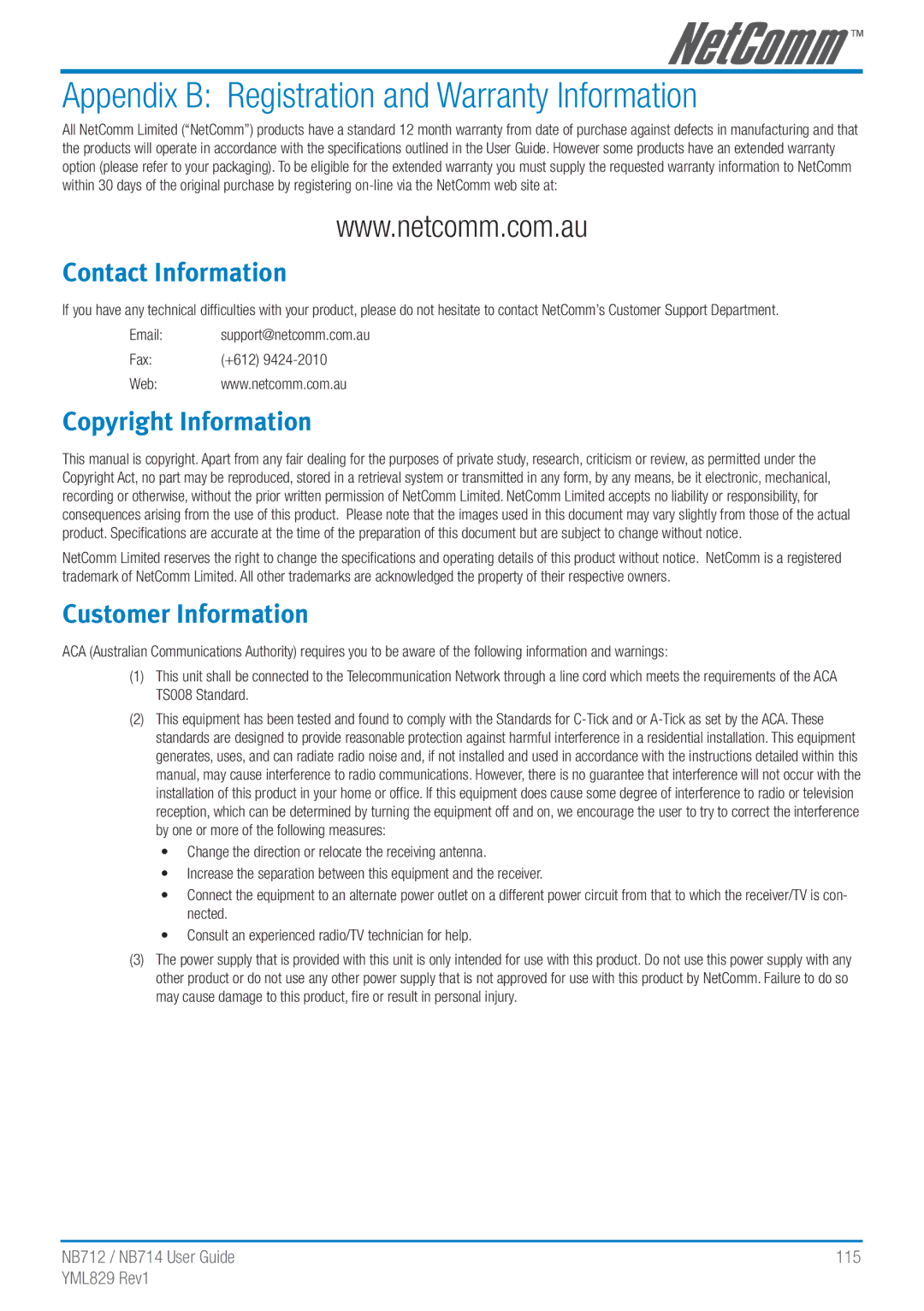 NetComm NB712 manual Appendix B Registration and Warranty Information, Contact Information 