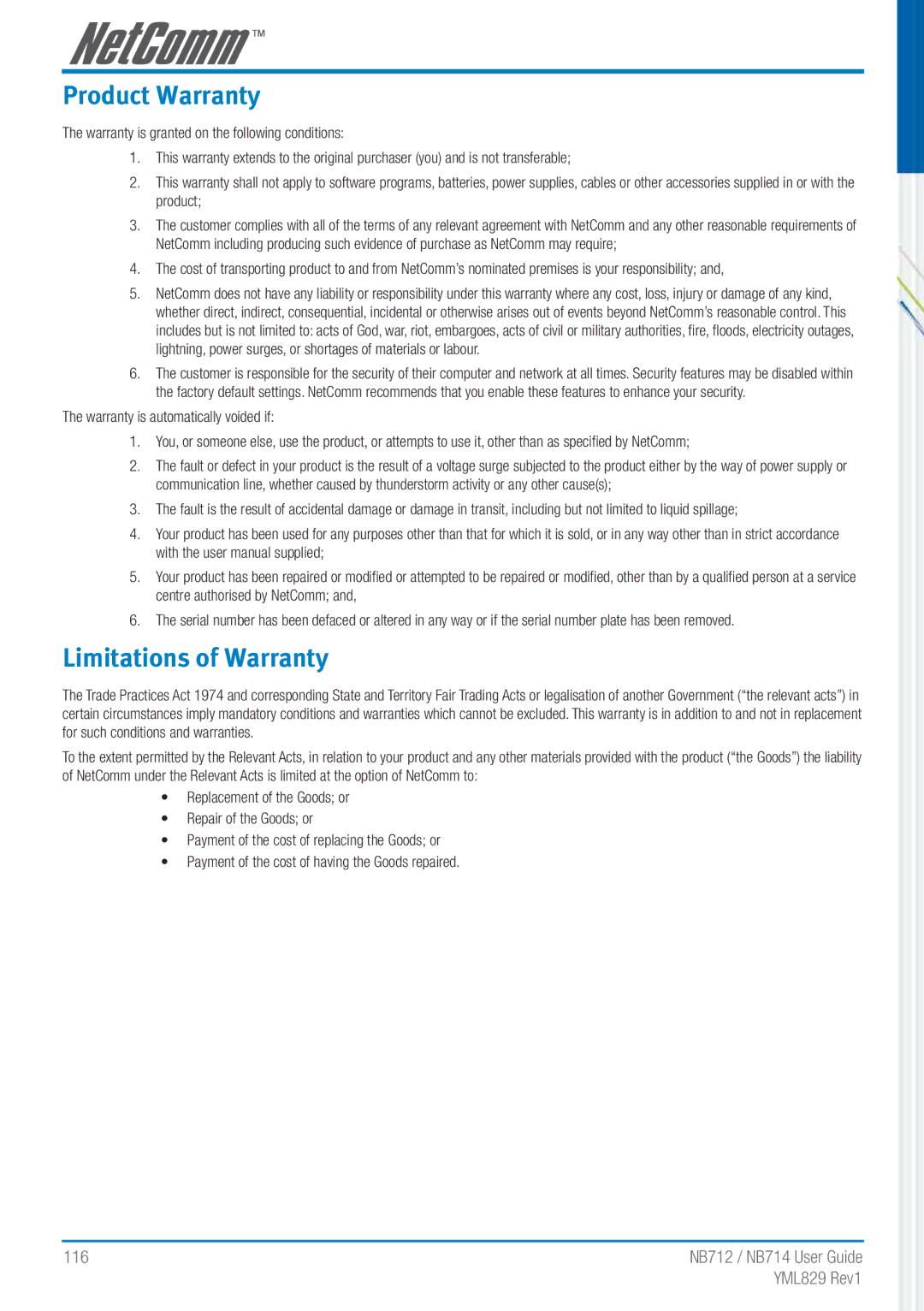 NetComm NB712 manual Product Warranty 