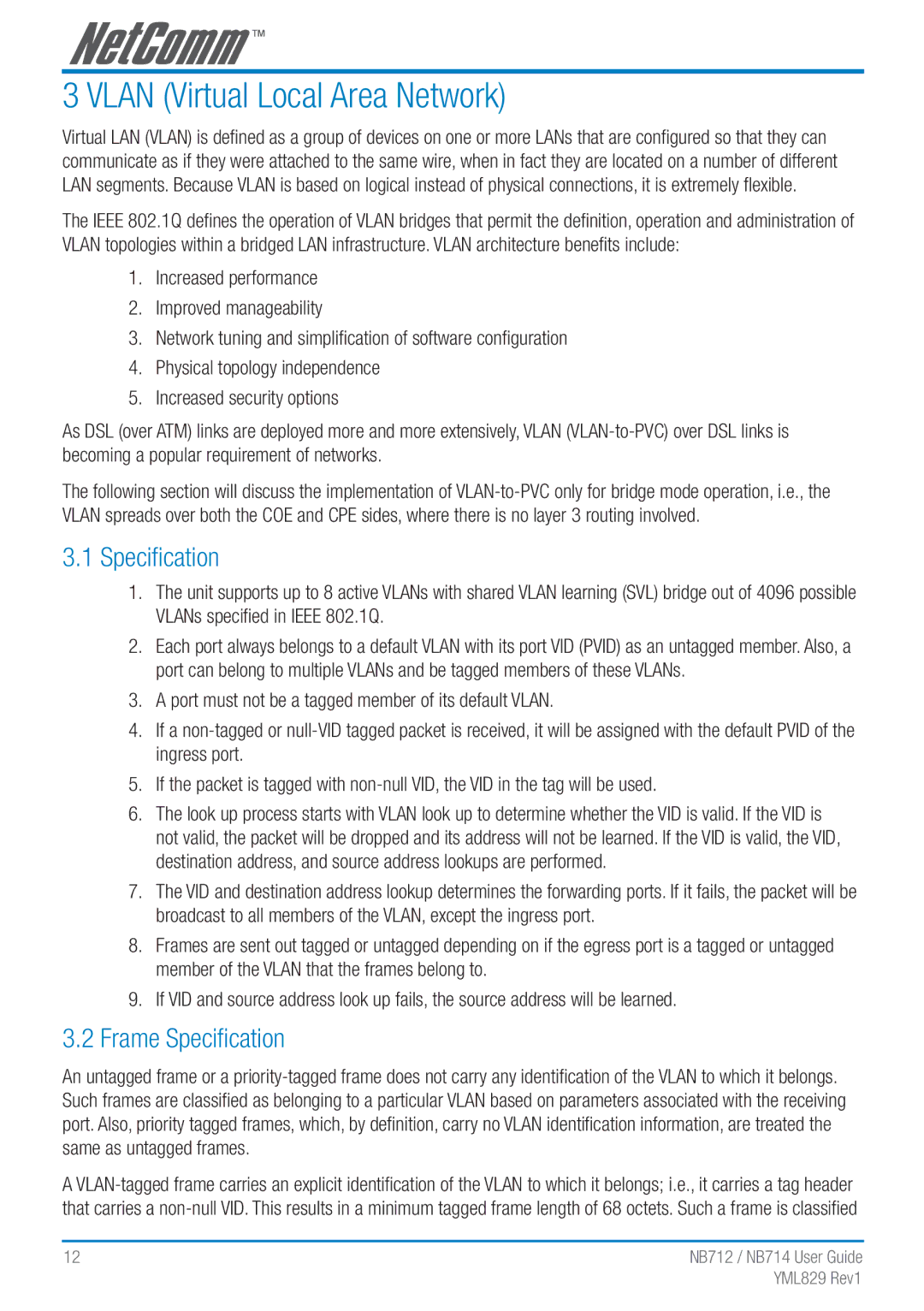 NetComm NB712 manual Vlan Virtual Local Area Network, Frame Speciﬁcation 