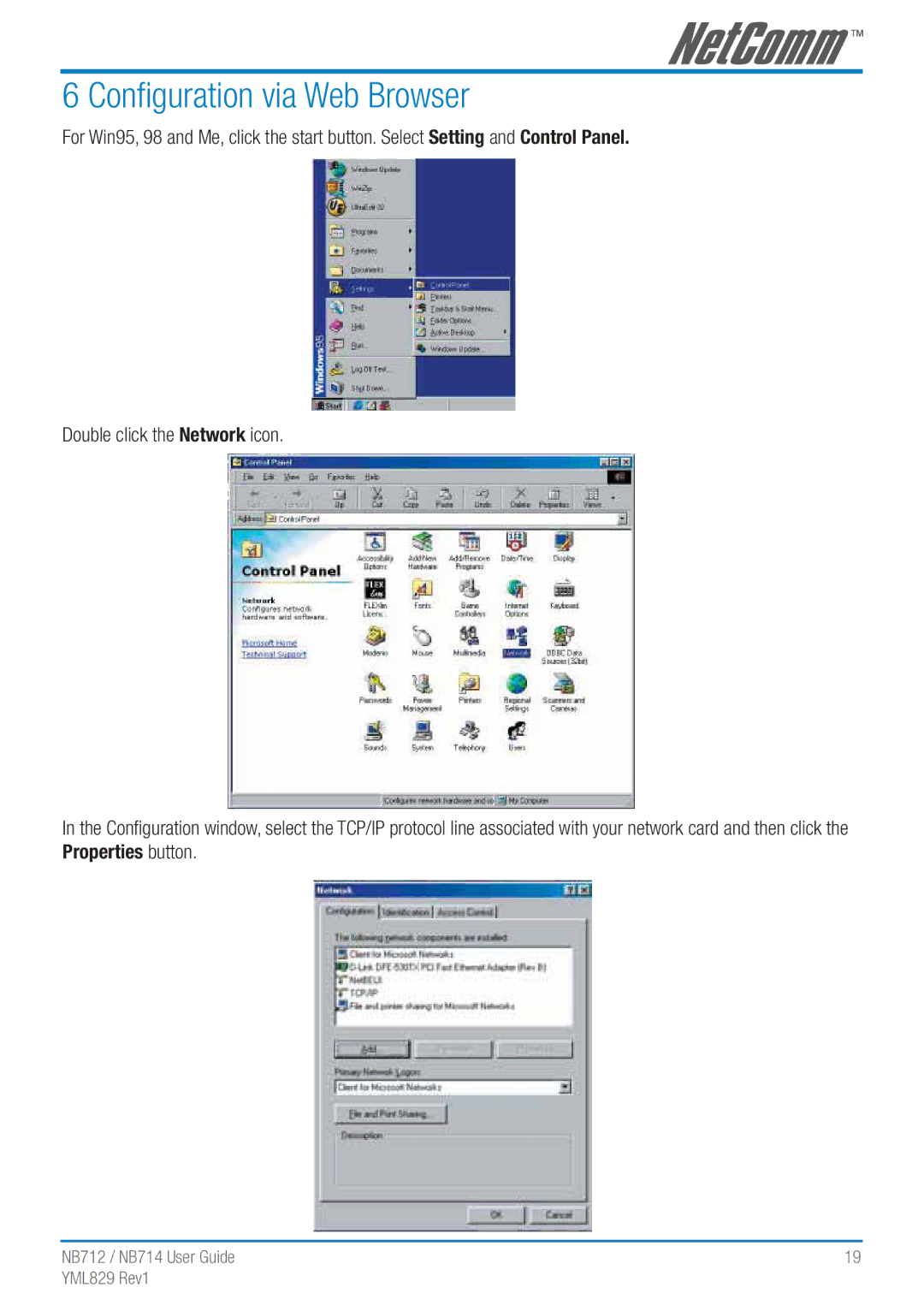 NetComm NB712 manual Conﬁguration via Web Browser 