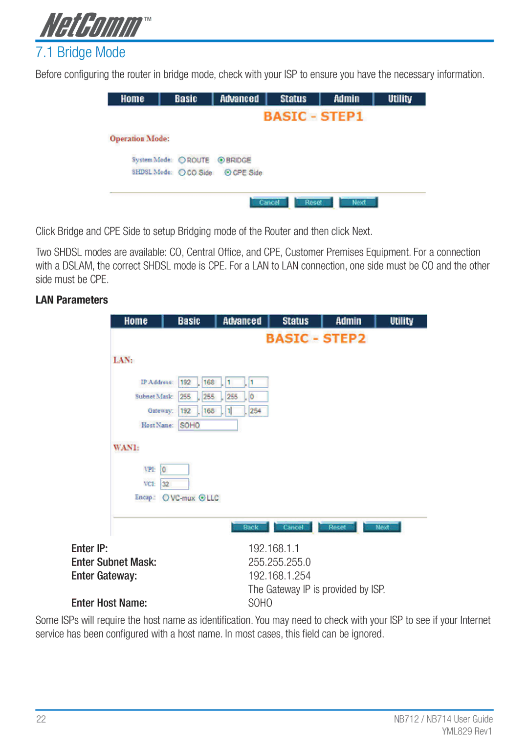 NetComm NB712 manual Bridge Mode, LAN Parameters, Enter Host Name 