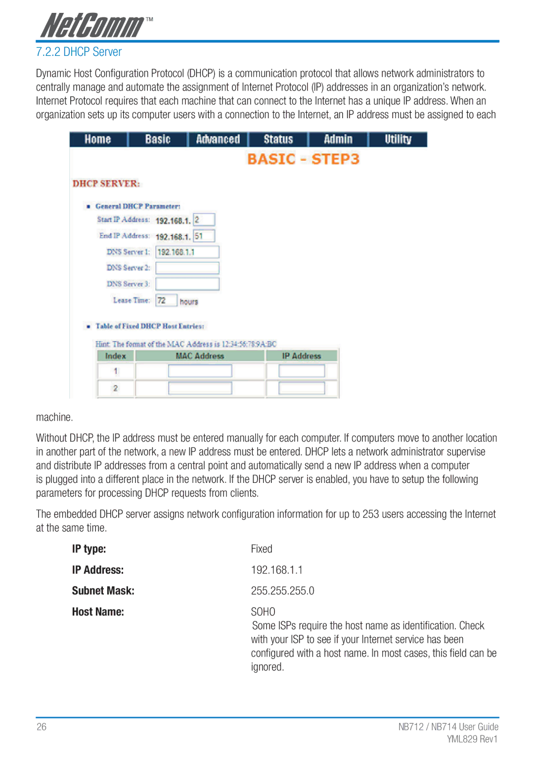 NetComm NB712 manual Dhcp Server, IP type, IP Address, Subnet Mask, Host Name 