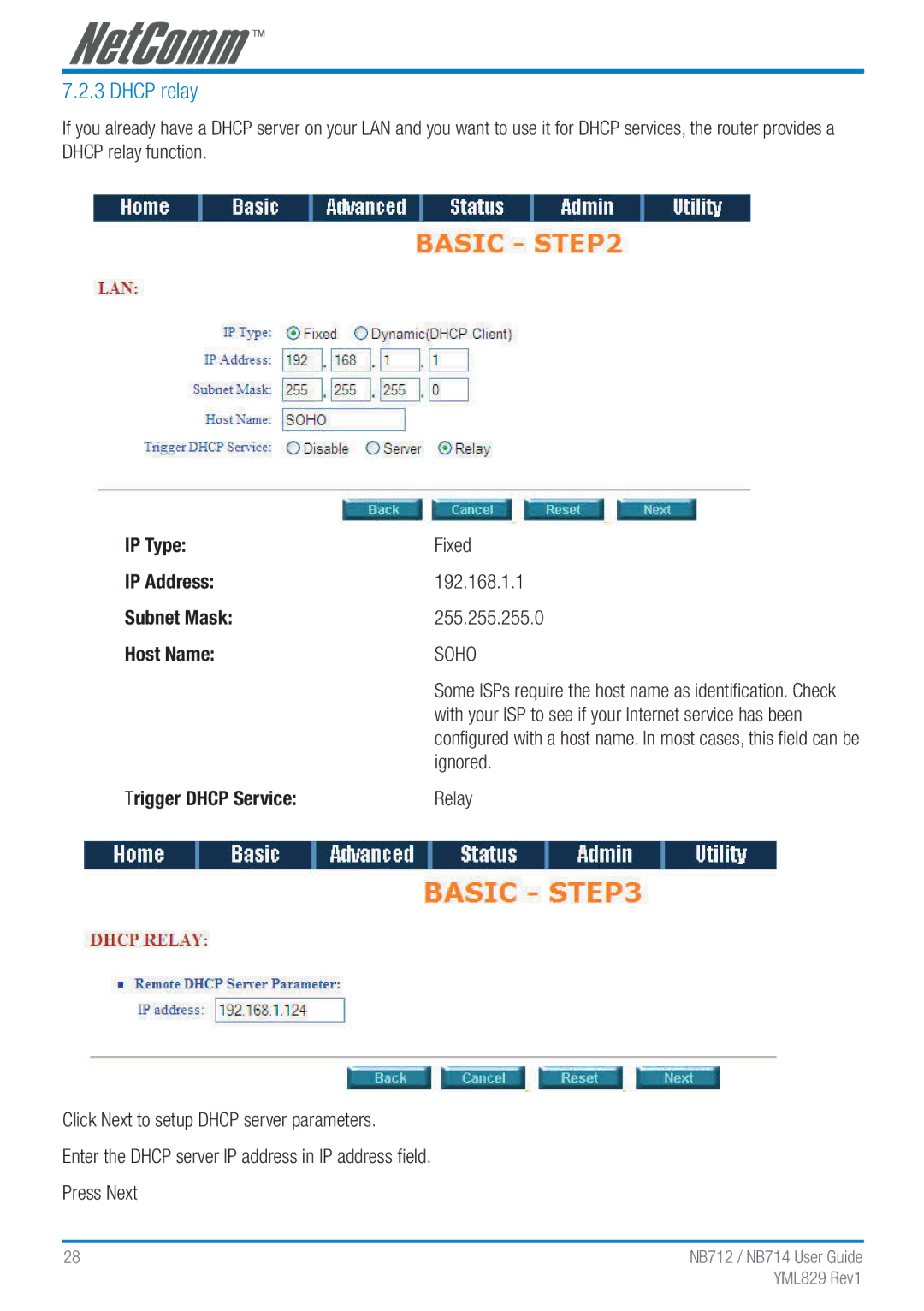 NetComm NB712 manual Dhcp relay, Relay 