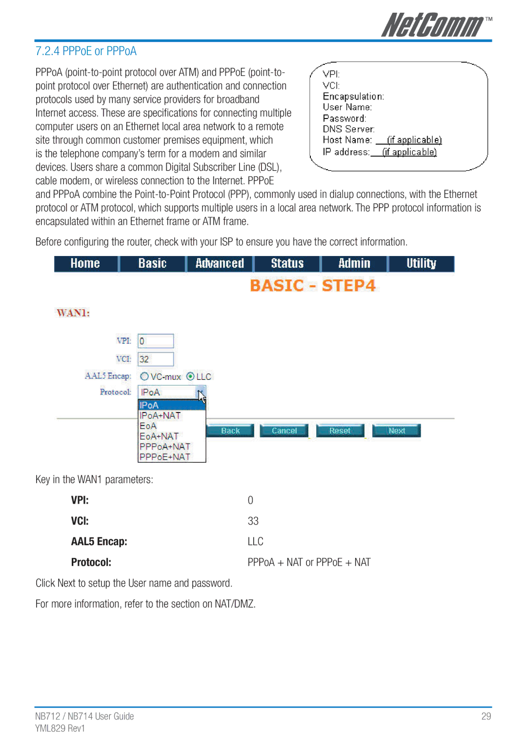 NetComm NB712 manual PPPoE or PPPoA, AAL5 Encap, Protocol, For more information, refer to the section on NAT/DMZ 