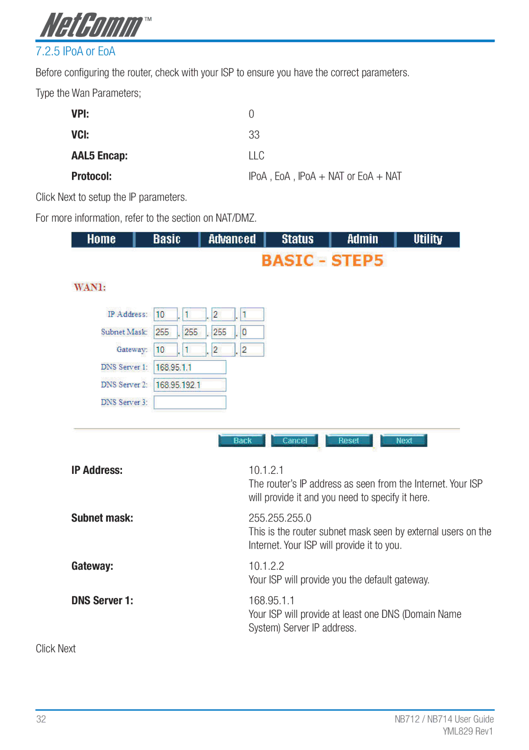 NetComm NB712 manual IPoA or EoA, Gateway 