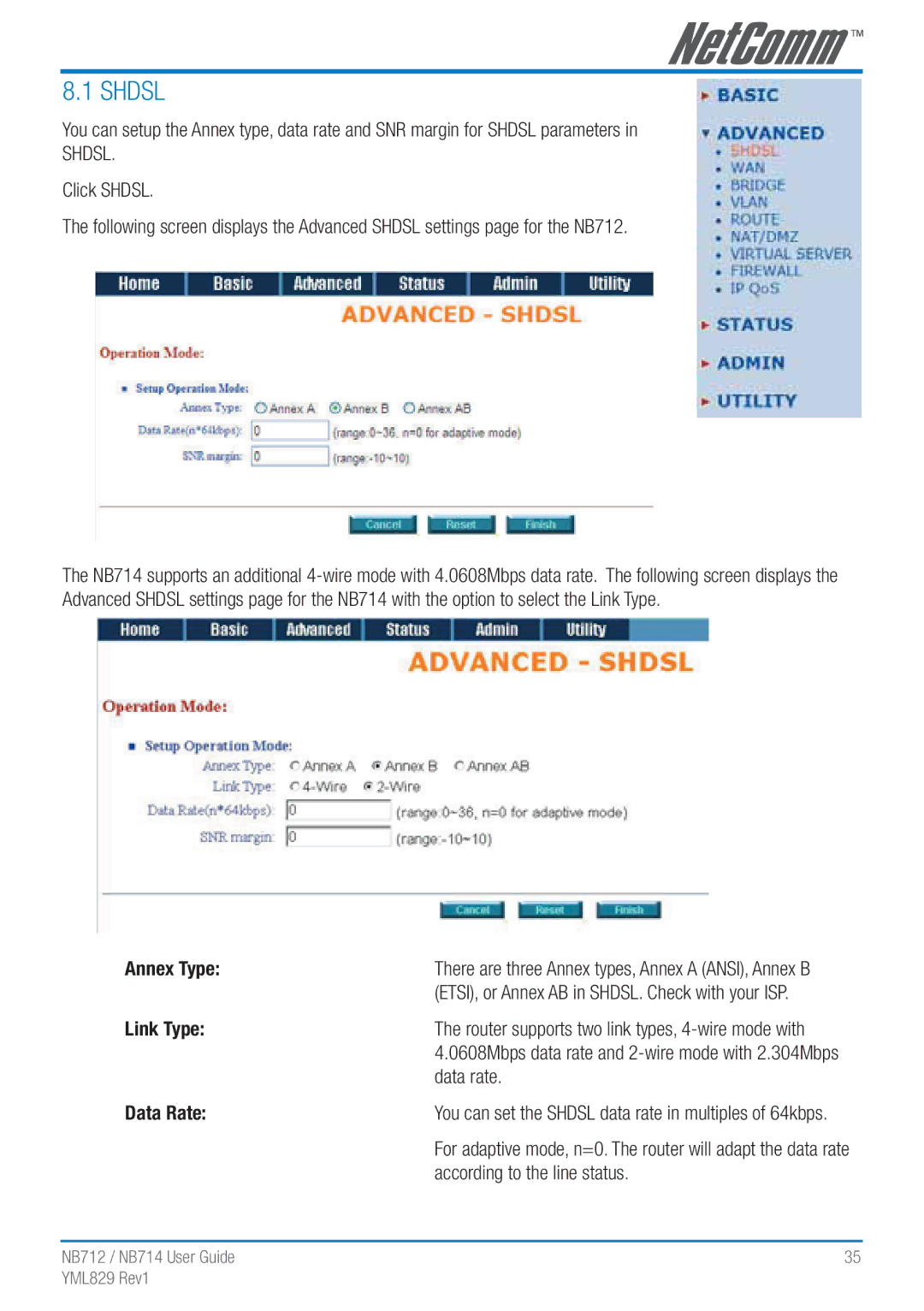 NetComm NB712 manual Annex Type, Link Type, Data rate, Data Rate, According to the line status 