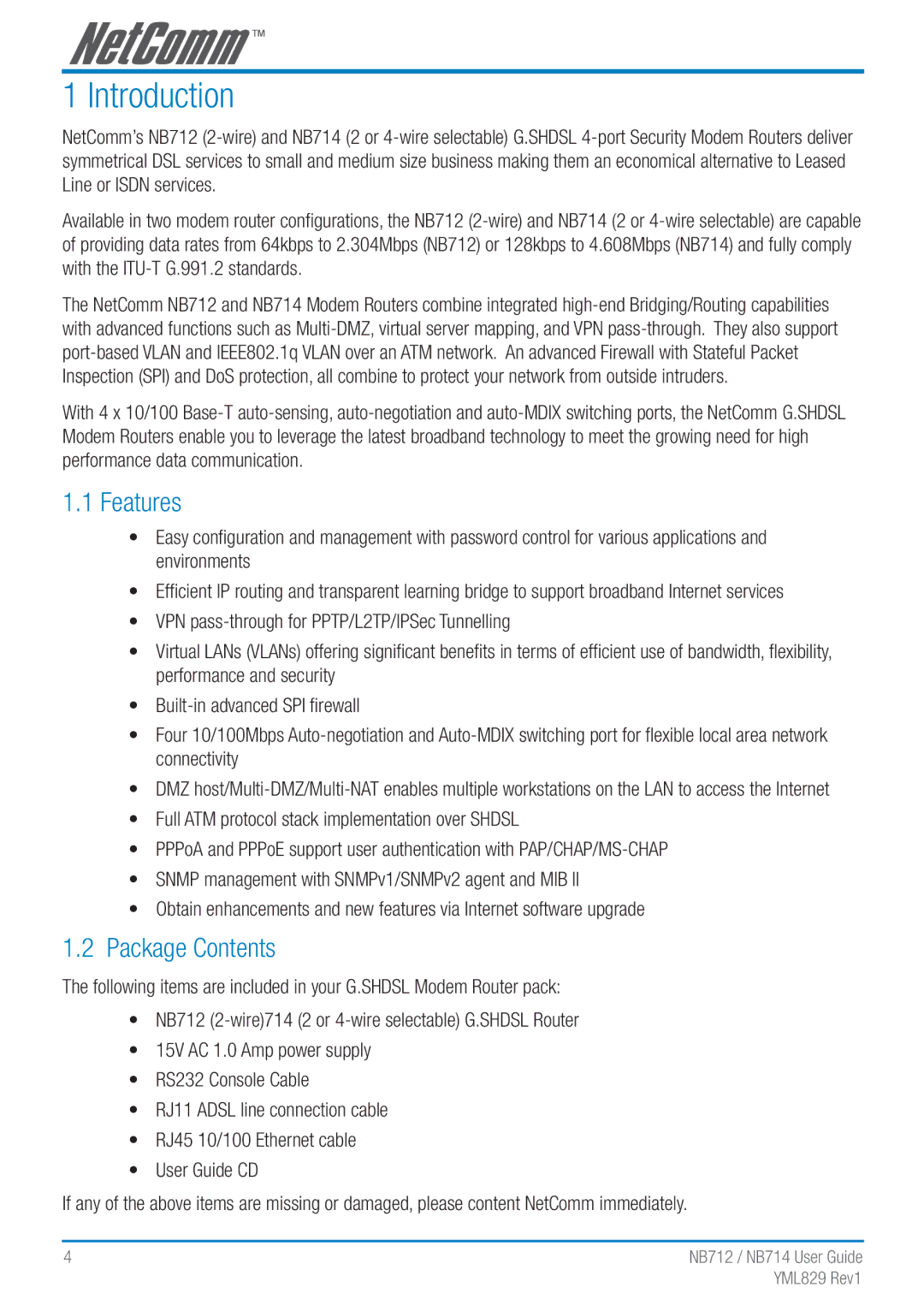 NetComm NB712 manual Introduction, Features, Package Contents 