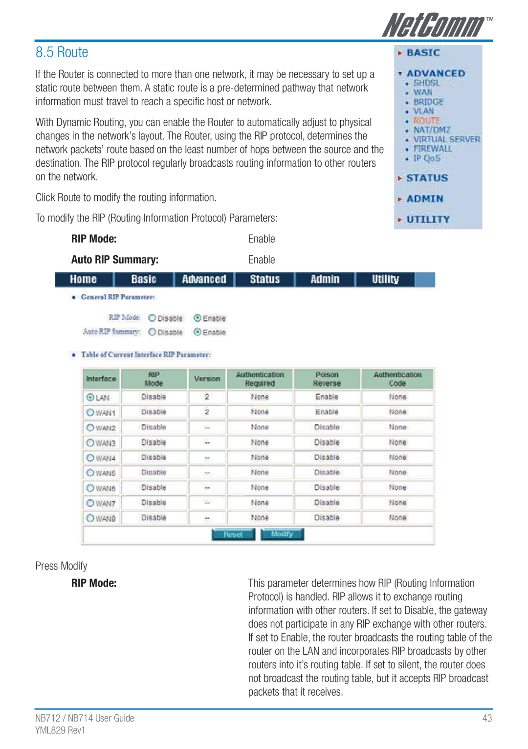 NetComm NB712 manual Route, RIP Mode, Auto RIP Summary, Press Modify, Packets that it receives 