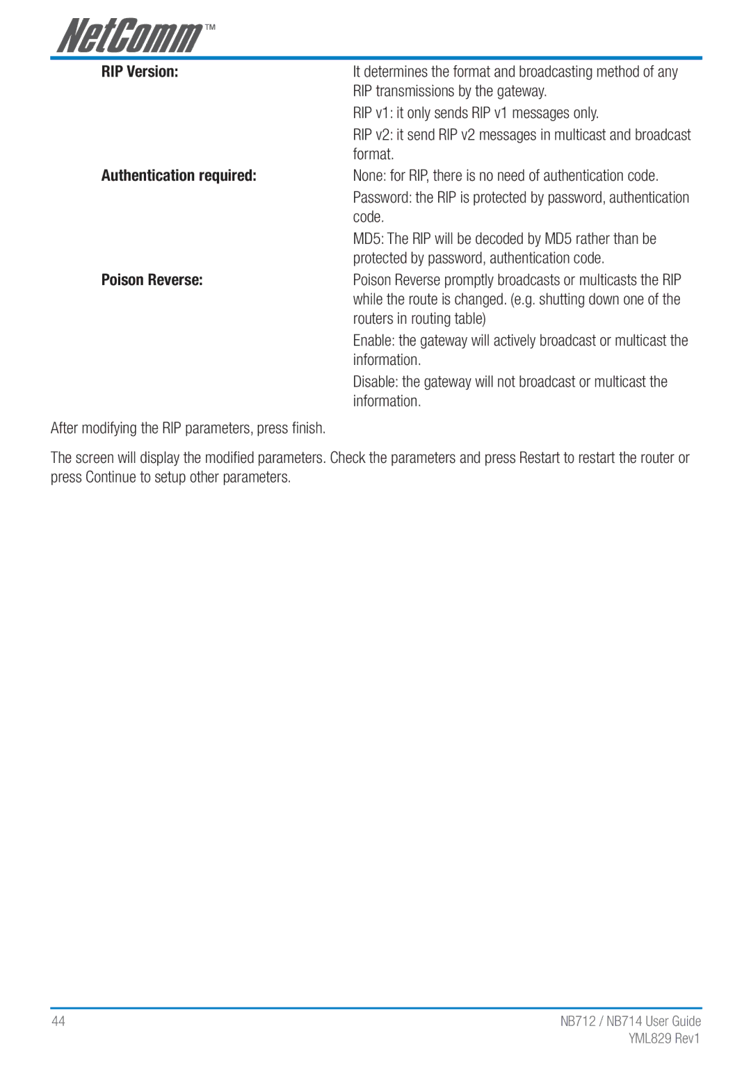 NetComm NB712 manual RIP Version, Authentication required, Poison Reverse 