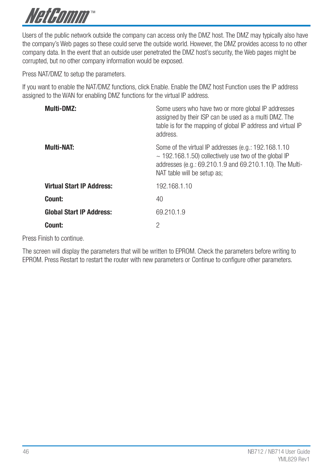 NetComm NB712 manual Multi-DMZ, Multi-NAT, Virtual Start IP Address, Count Global Start IP Address 