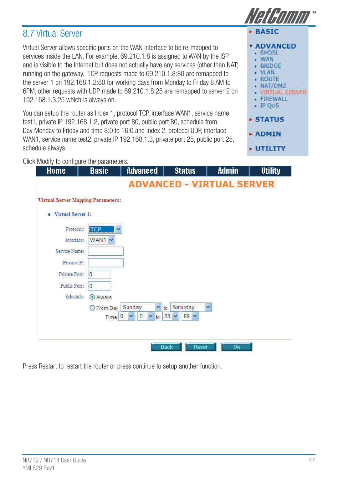 NetComm NB712 manual Virtual Server 