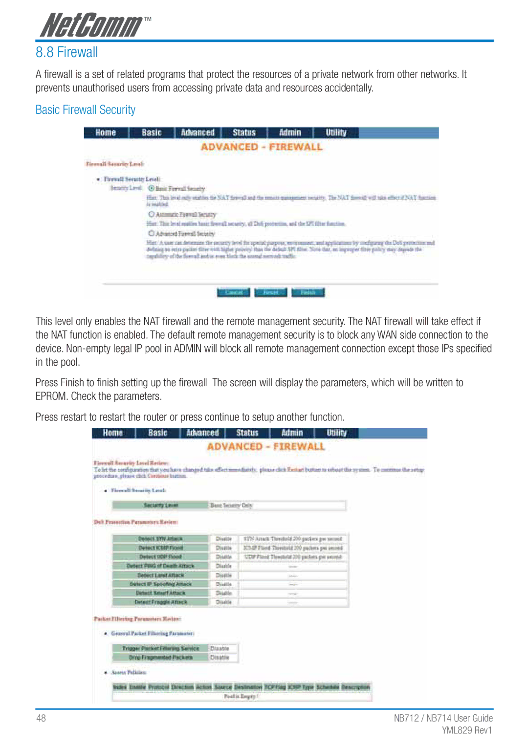 NetComm NB712 manual Basic Firewall Security 