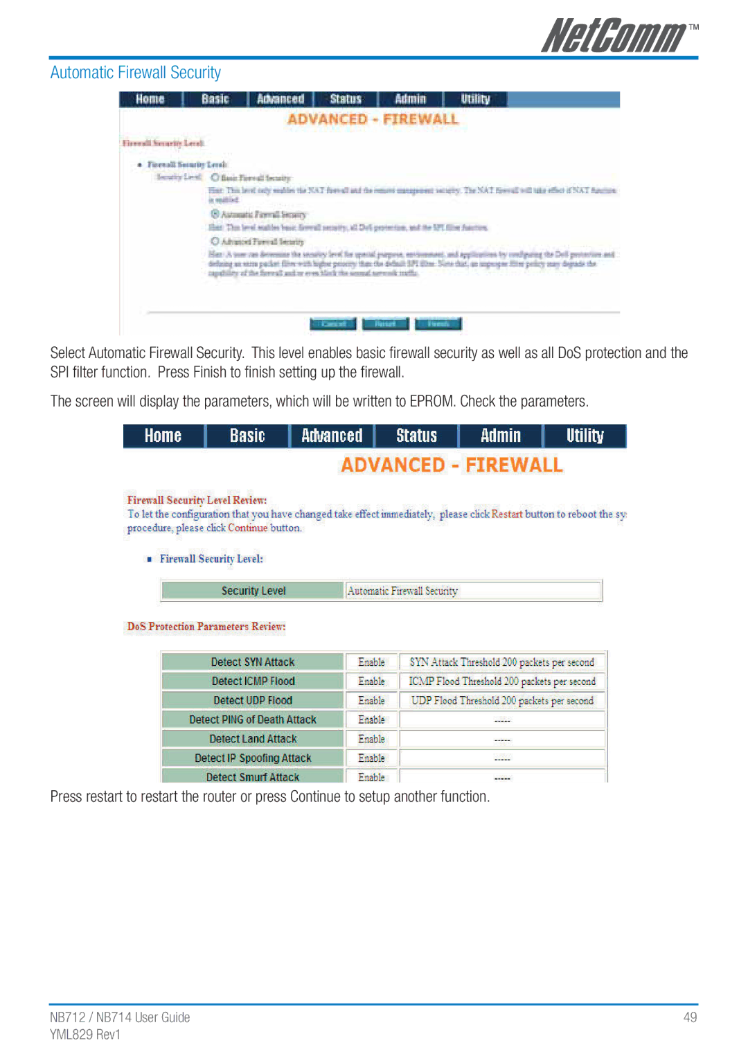 NetComm NB712 manual Automatic Firewall Security 