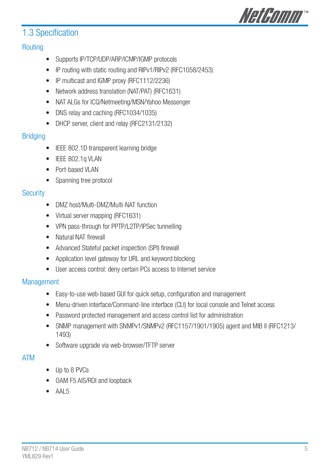 NetComm NB712 manual Speciﬁcation, Routing, Bridging, Security, Management 