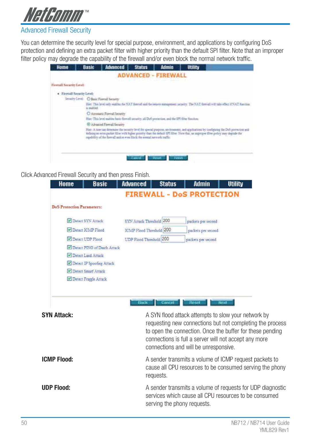 NetComm NB712 Click Advanced Firewall Security and then press Finish, SYN Attack, Connections and will be unresponsive 