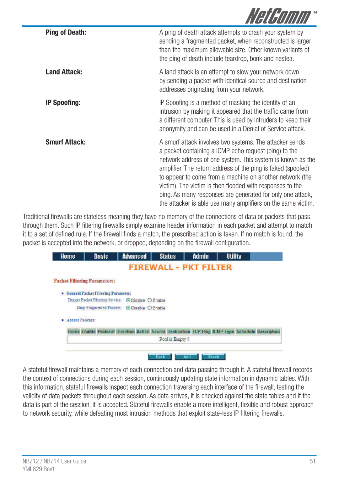NetComm NB712 manual Addresses originating from your network, Ping of death attack attempts to crash your system by 