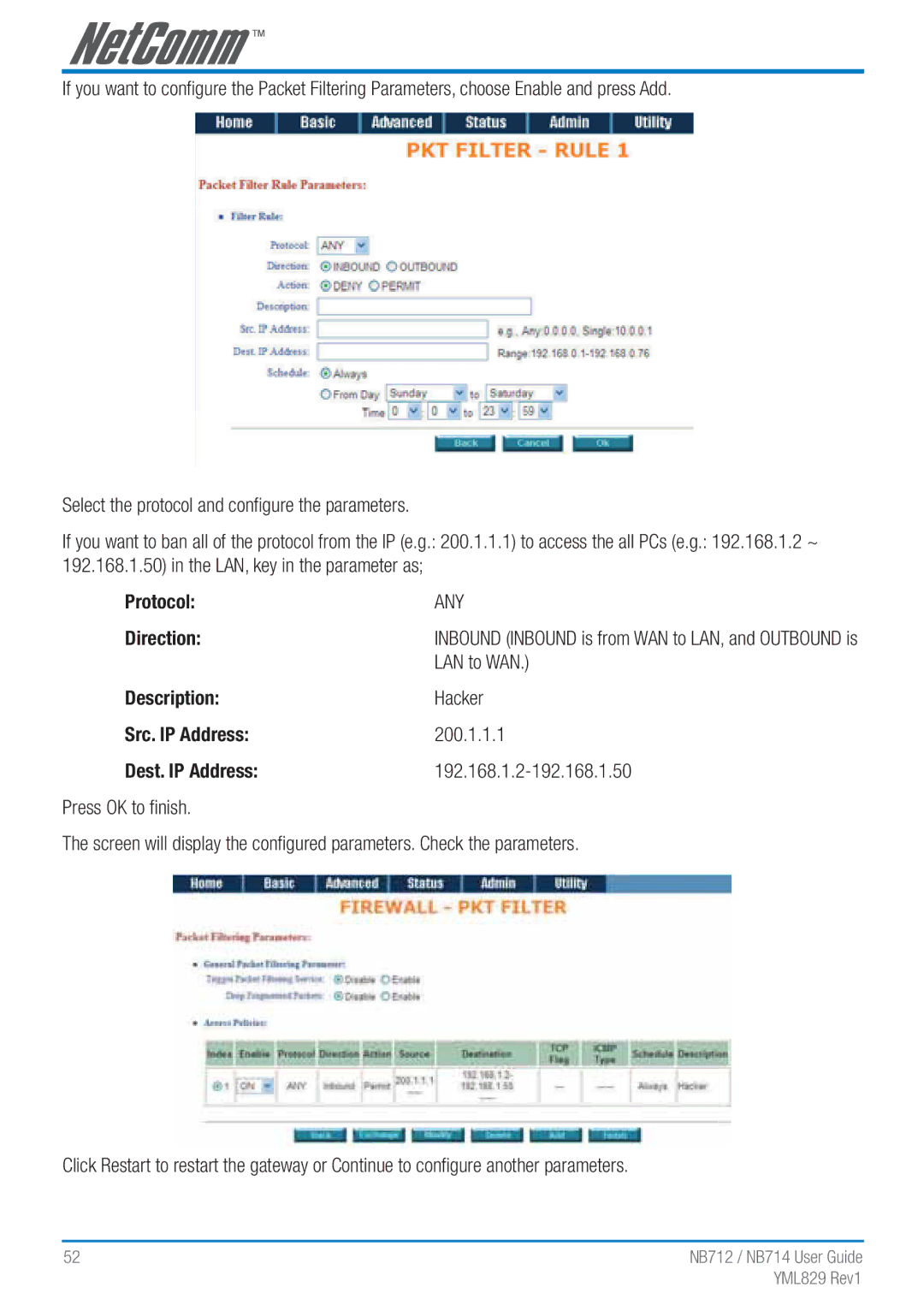 NetComm NB712 manual Direction, Description, Src. IP Address, Dest. IP Address 