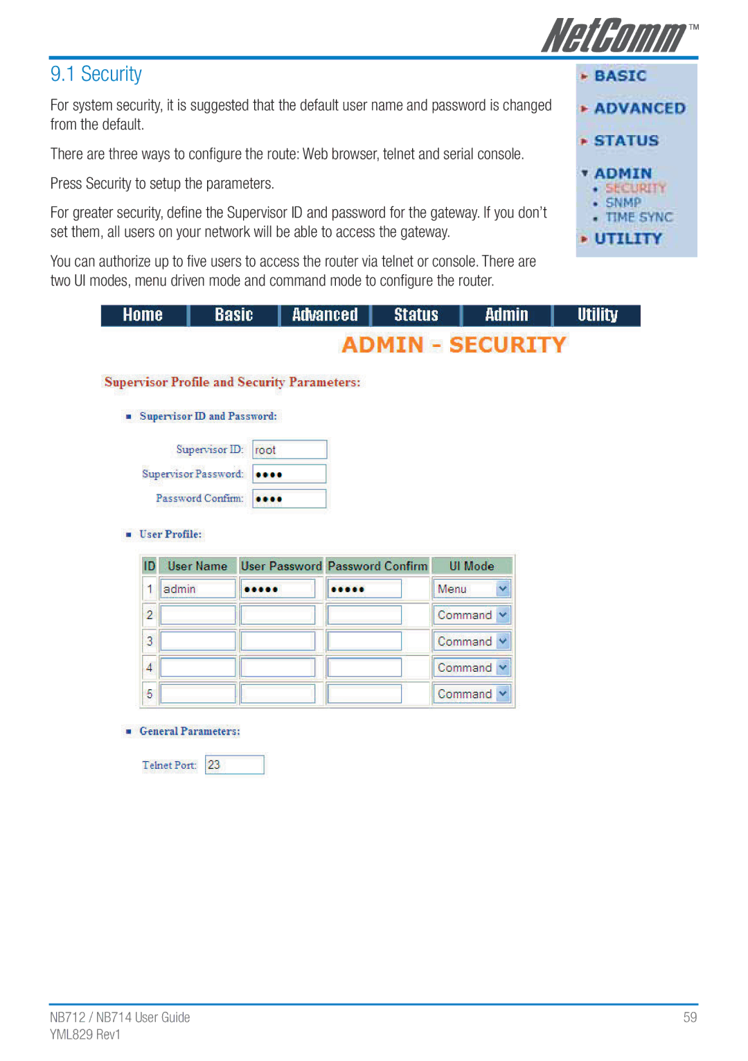 NetComm NB712 manual Security 