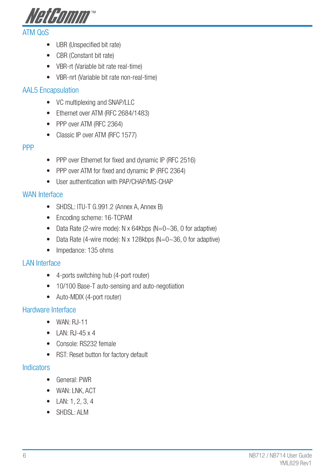 NetComm NB712 manual ATM QoS, AAL5 Encapsulation, WAN Interface, LAN Interface, Hardware Interface, Indicators 