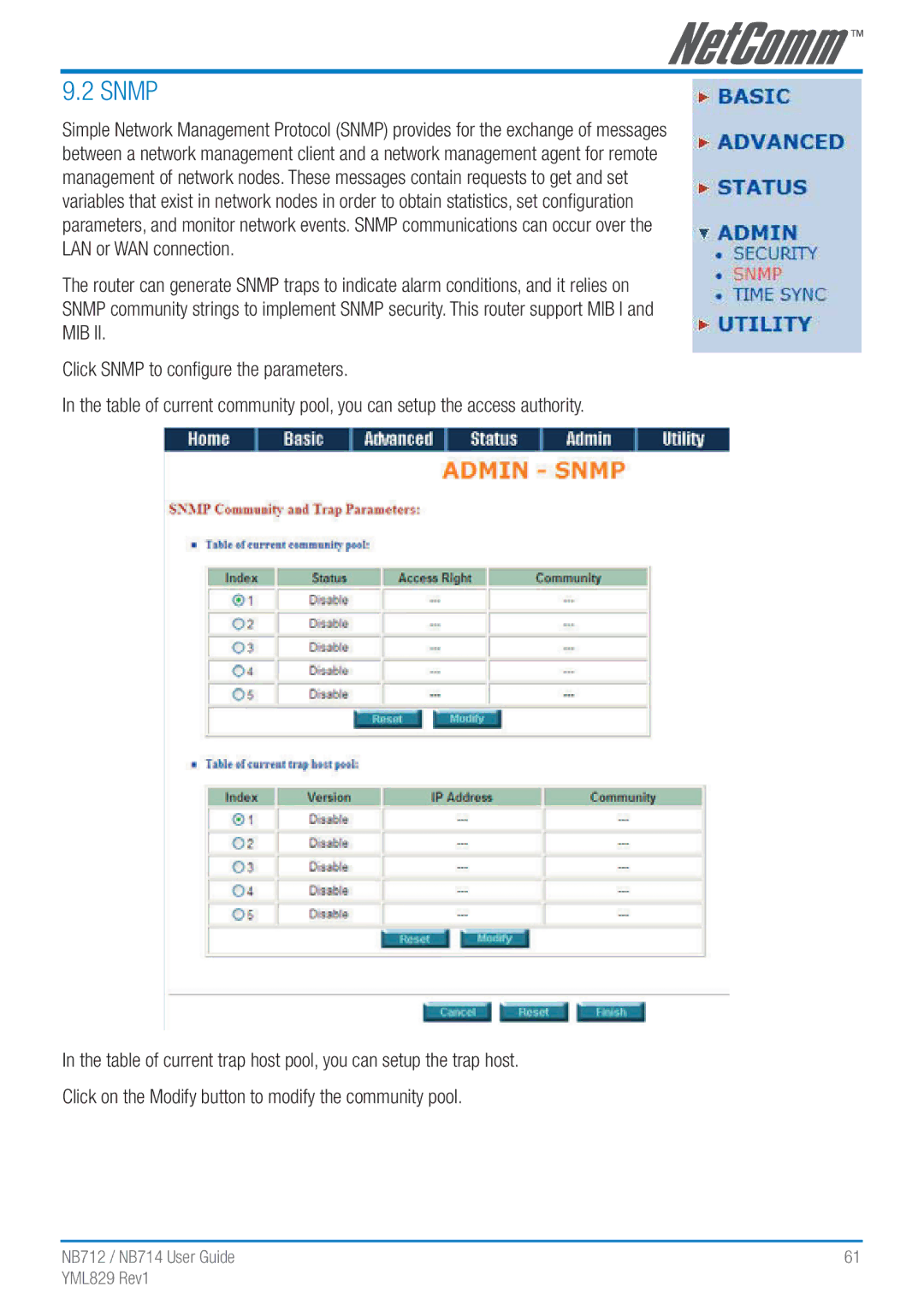 NetComm NB712 manual Snmp, Mib 