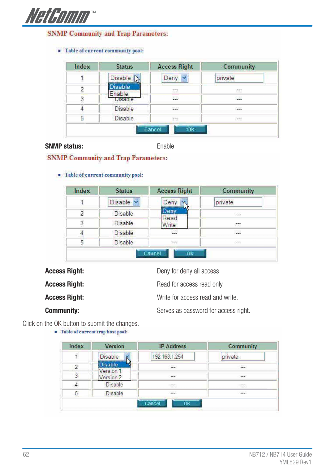 NetComm NB712 manual Snmp status, Community 