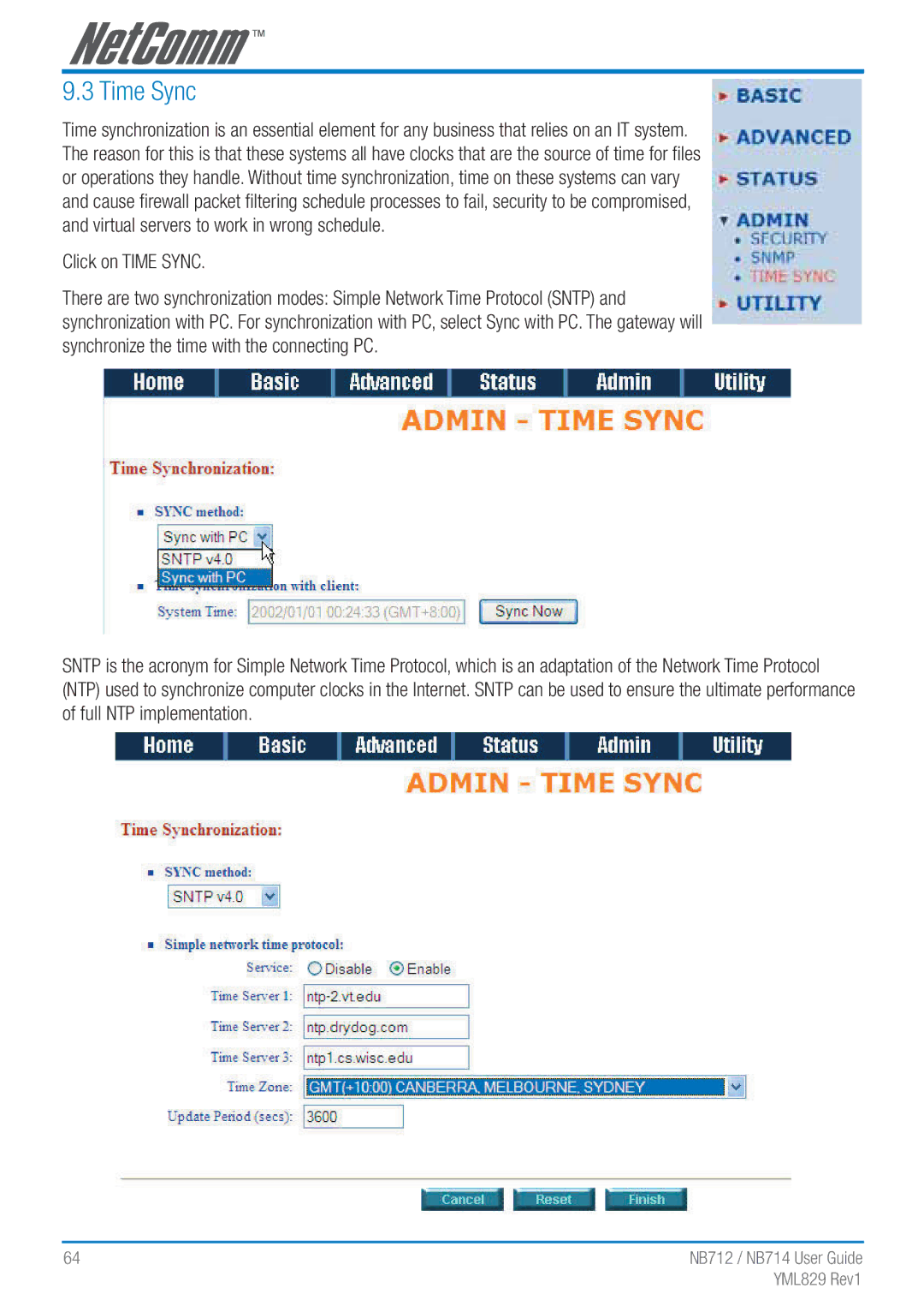 NetComm NB712 manual Click on Time Sync 