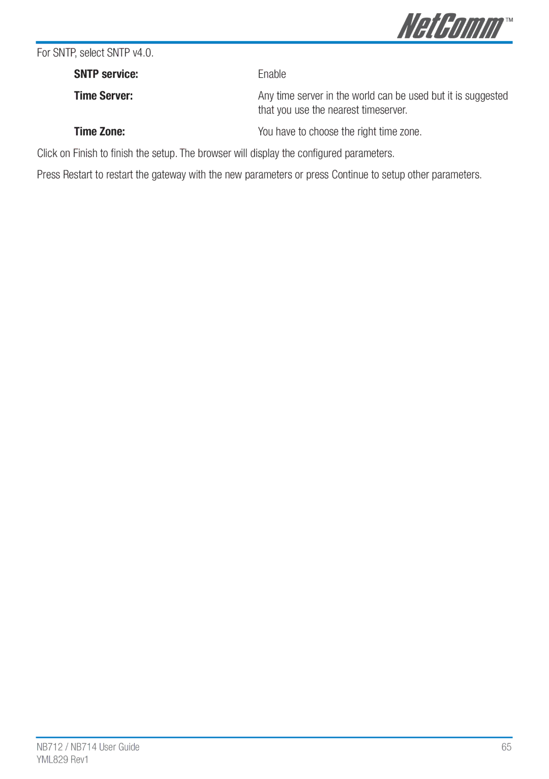NetComm NB712 manual Sntp service, Time Server, Time Zone 