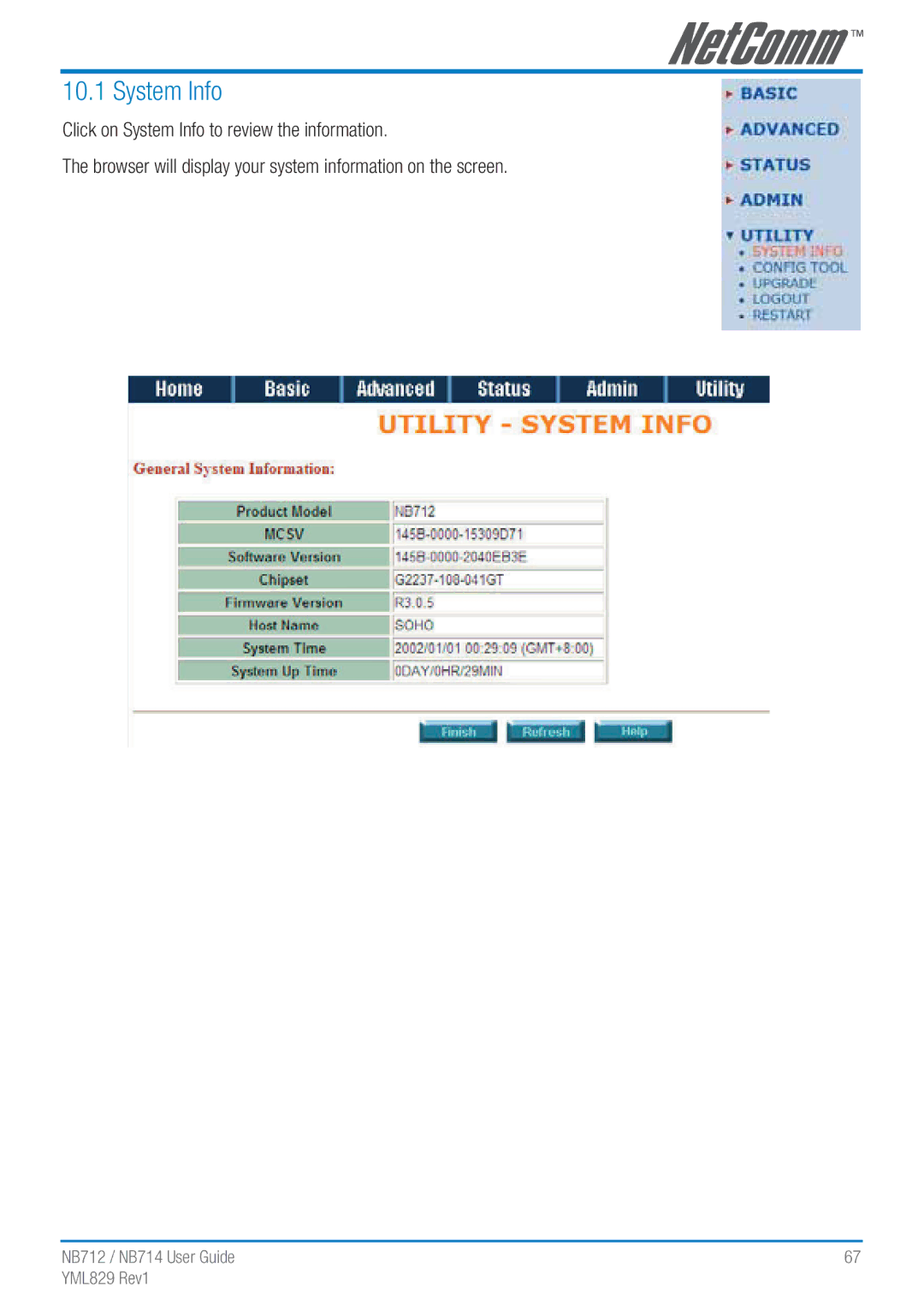 NetComm NB712 manual System Info 