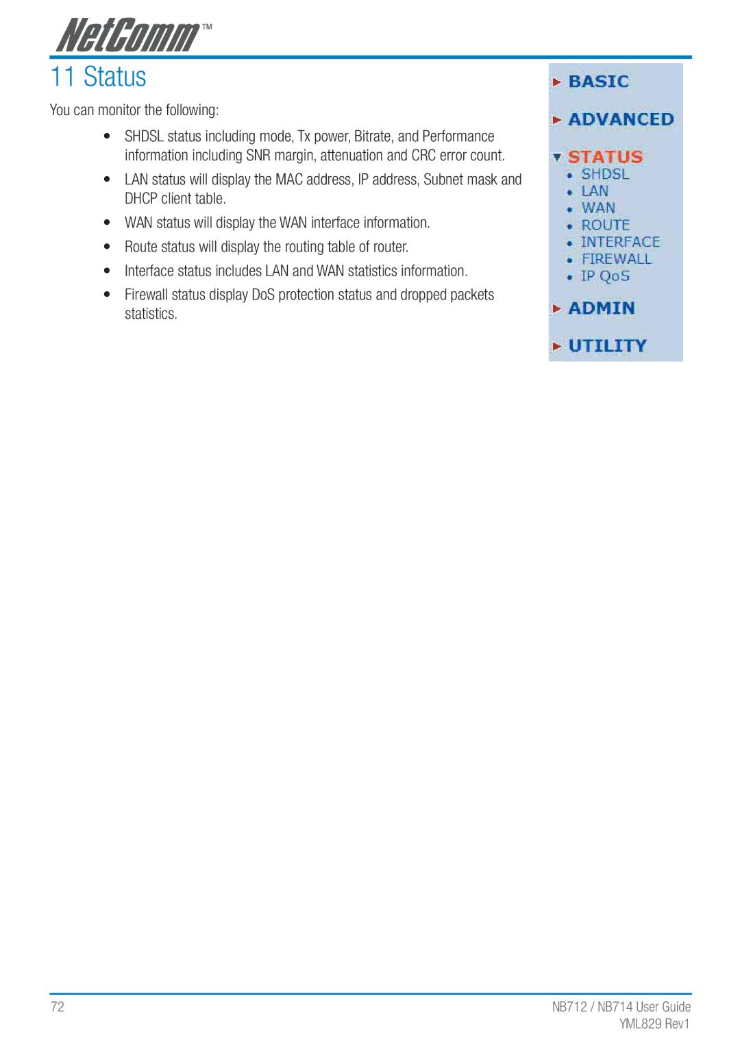 NetComm NB712 manual Status, You can monitor the following 