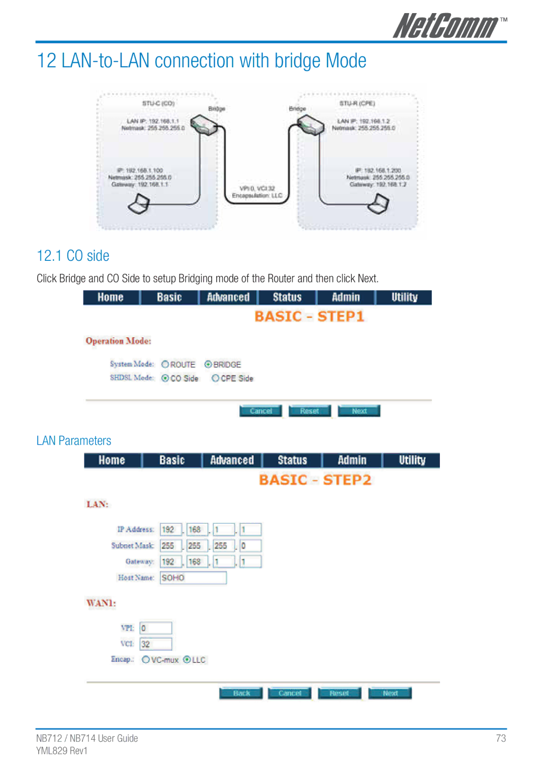 NetComm NB712 manual LAN-to-LAN connection with bridge Mode, CO side, LAN Parameters 