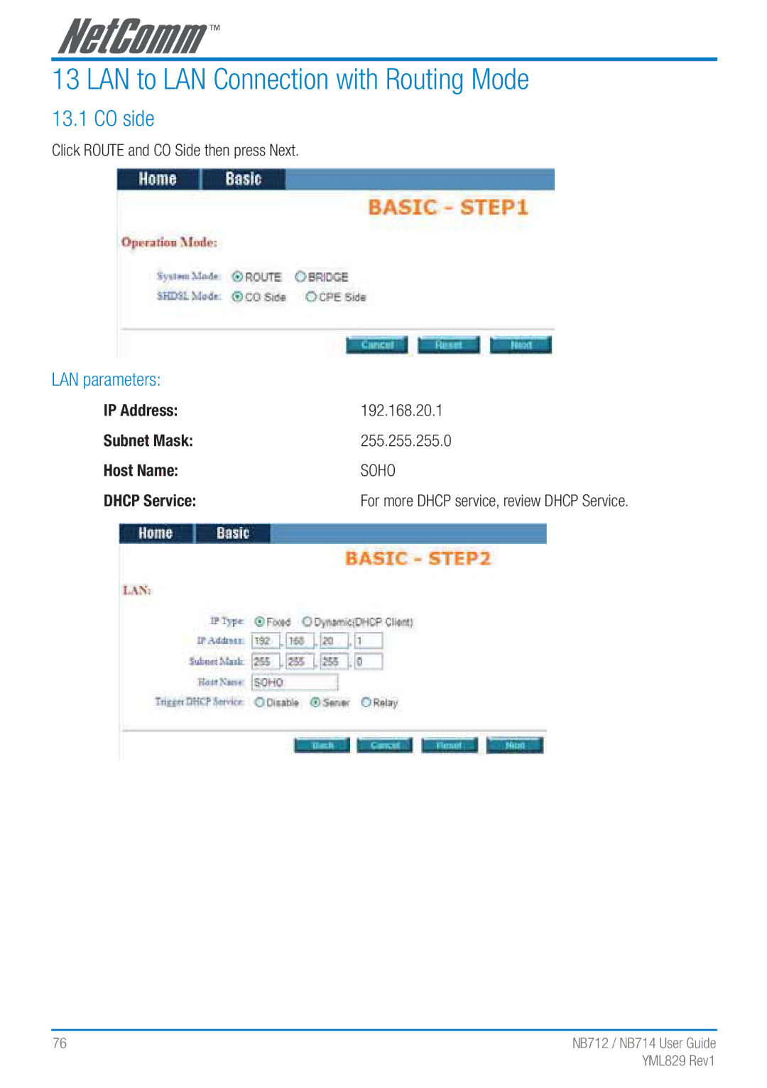 NetComm NB712 manual LAN to LAN Connection with Routing Mode, Click Route and CO Side then press Next, Dhcp Service 